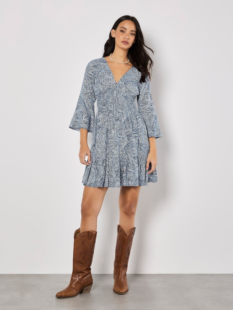 Apricot Blue Metallic Dobby Flute Sleeve Dress - Image 1 of 4