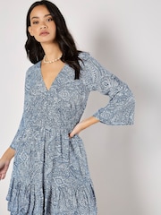 Apricot Blue Metallic Dobby Flute Sleeve Dress - Image 2 of 4