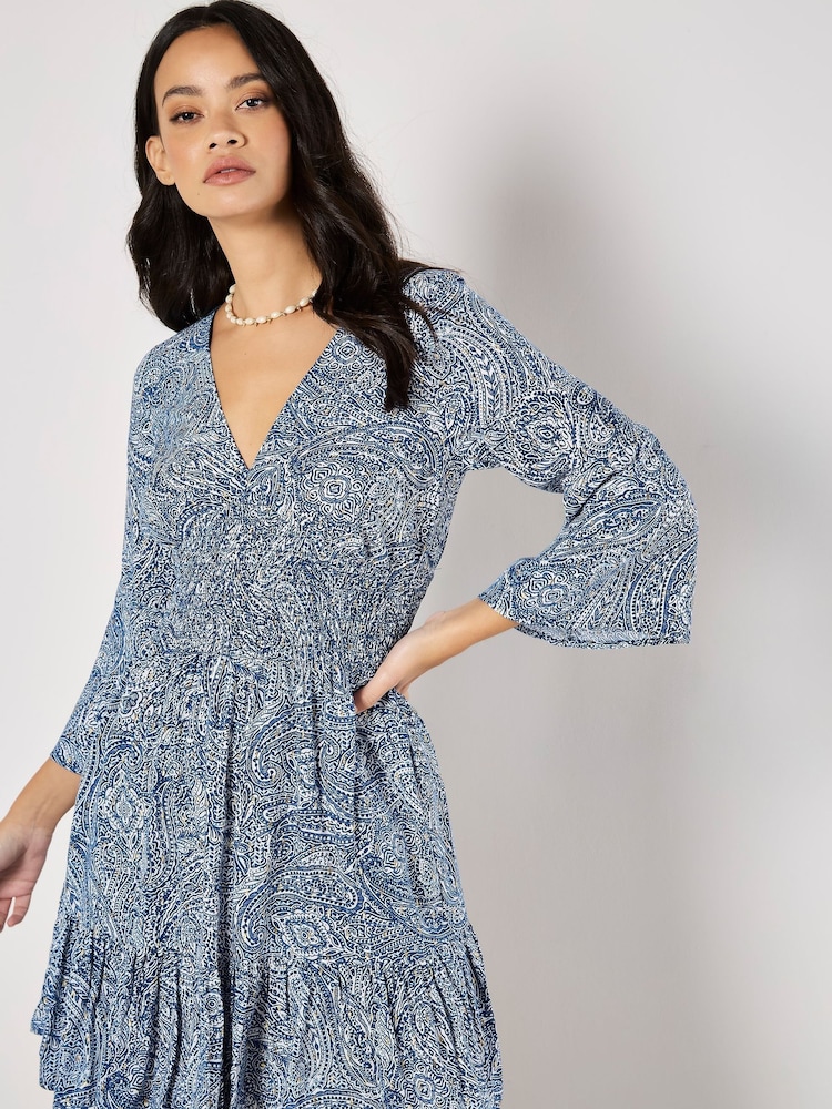Apricot Blue Metallic Dobby Flute Sleeve Dress - Image 2 of 4