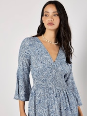 Apricot Blue Metallic Dobby Flute Sleeve Dress - Image 3 of 4