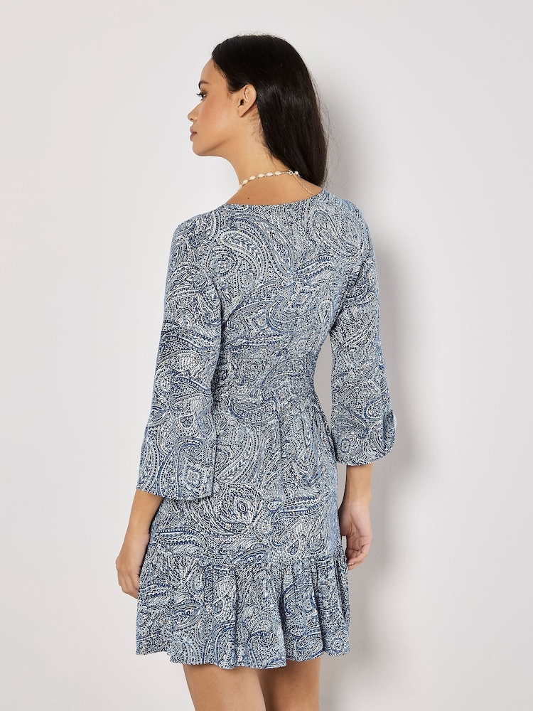 Apricot Blue Metallic Dobby Flute Sleeve Dress - Image 4 of 4