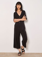 Apricot Black Button Detail Slub Jumpsuit - Image 1 of 4