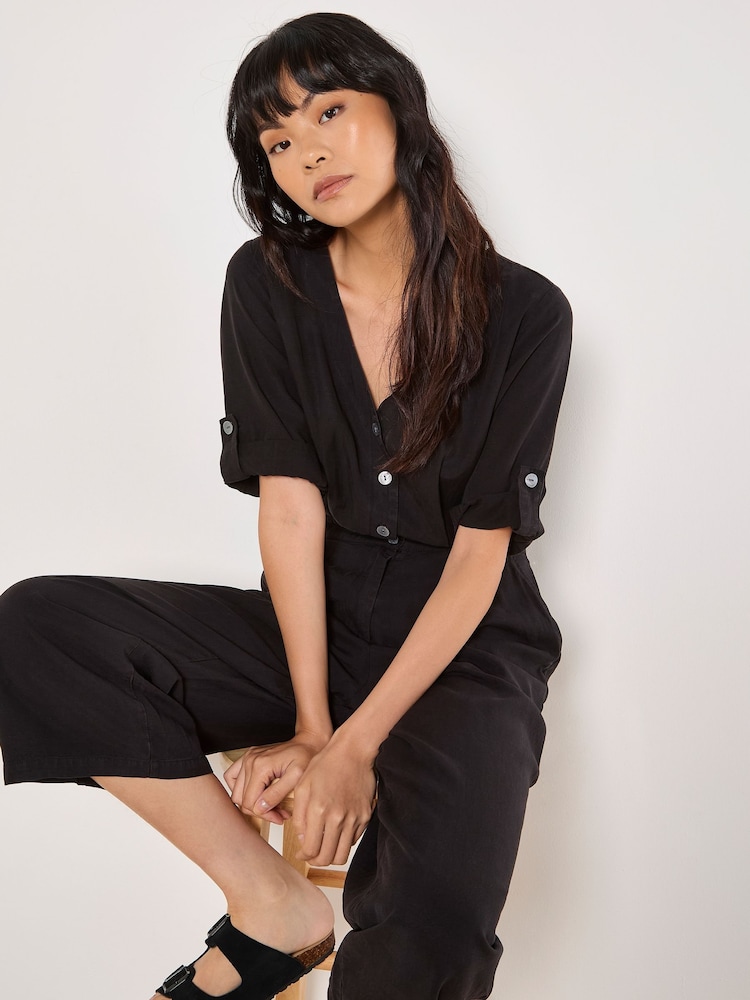 Apricot Black Button Detail Slub Jumpsuit - Image 4 of 4