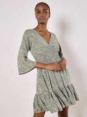 Apricot Green Metallic Dobby Flute Sleeve Dress - Image 1 of 4