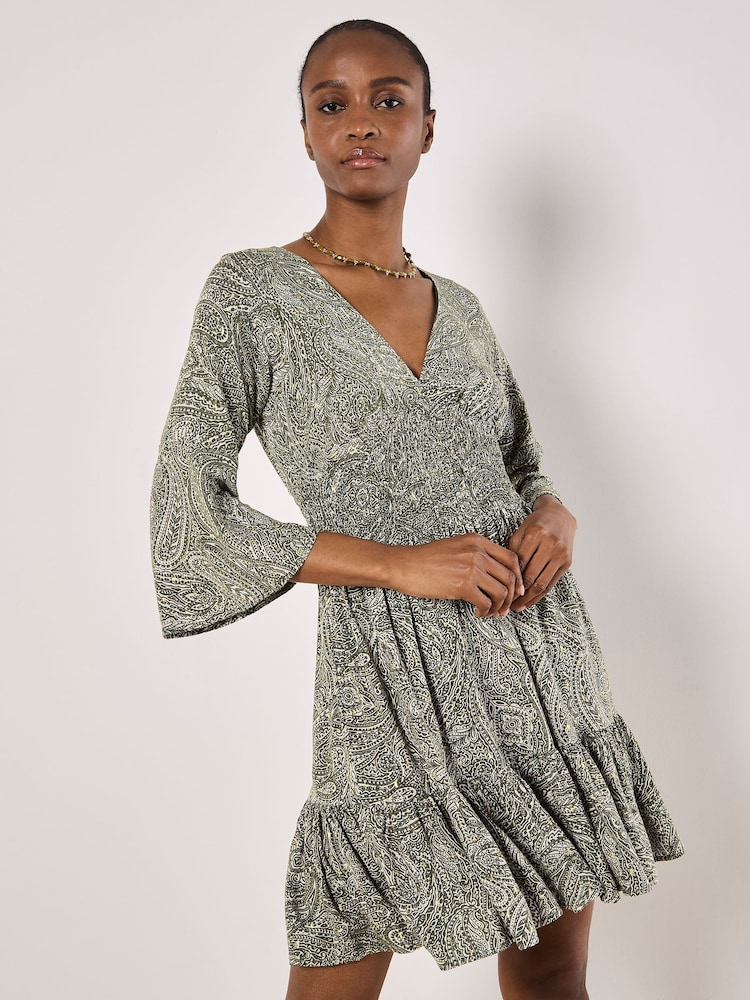 Apricot Green Metallic Dobby Flute Sleeve Dress - Image 1 of 4