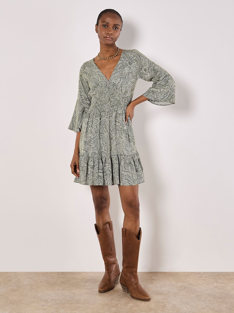 Apricot Green Metallic Dobby Flute Sleeve Dress - Image 2 of 4