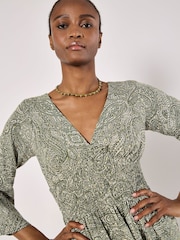 Apricot Green Metallic Dobby Flute Sleeve Dress - Image 4 of 4