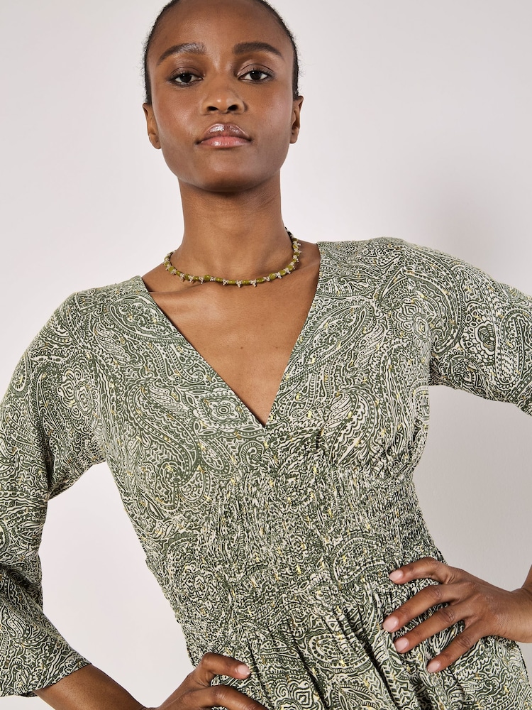 Apricot Green Metallic Dobby Flute Sleeve Dress - Image 4 of 4