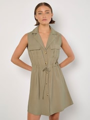 Apricot Green Utility Tie Sleeveless Shirt Dress - Image 1 of 4
