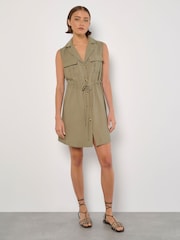 Apricot Green Utility Tie Sleeveless Shirt Dress - Image 2 of 4