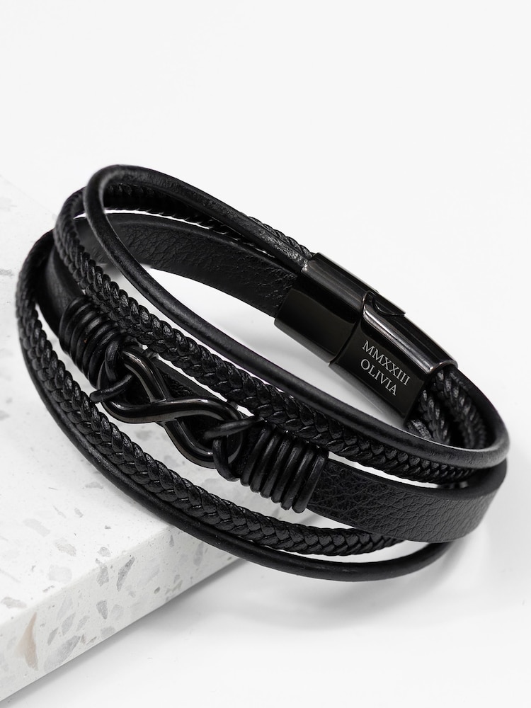 Treat Republic Mens Personalised Infinity Stacked Leather Black Bracelet - Image 1 of 5