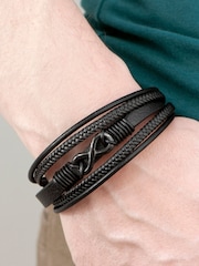 Treat Republic Mens Personalised Infinity Stacked Leather Black Bracelet - Image 2 of 5