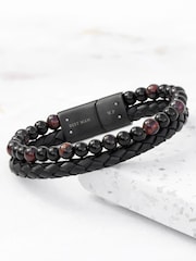 Treat Republic Mens Personalised Tiger's Eye Print Bead and Leather Bracelet - Image 1 of 5