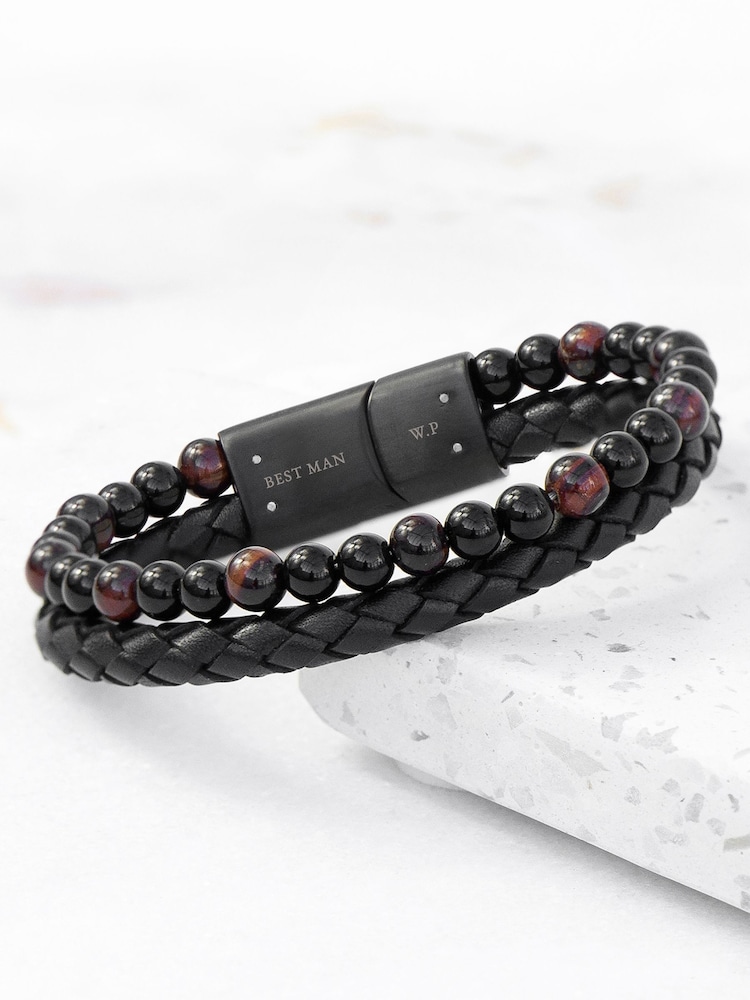 Treat Republic Mens Personalised Tiger's Eye Print Bead and Leather Bracelet - Image 1 of 5 Treat Republic Mens Personalised Tiger's Eye Print Bead and Leather Bracelet - Image 1 of 5