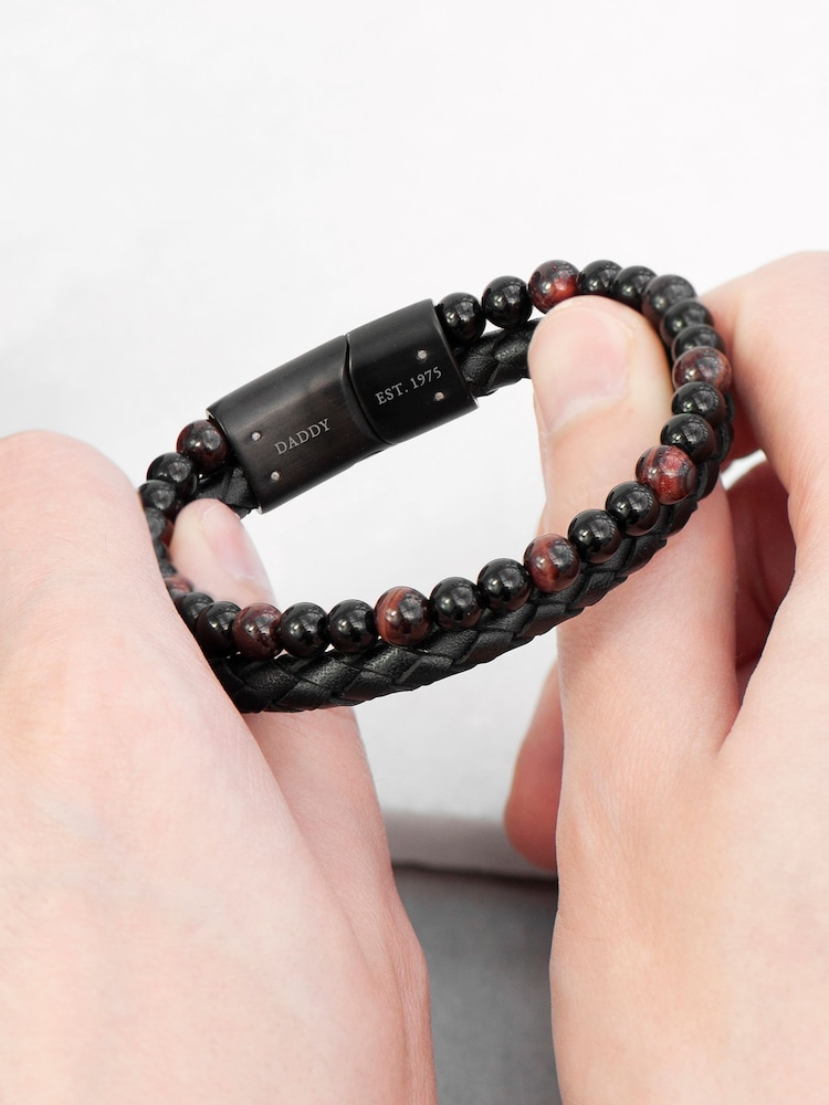 Treat Republic Mens Personalised Tiger's Eye Print Bead and Leather Bracelet - Image 2 of 5