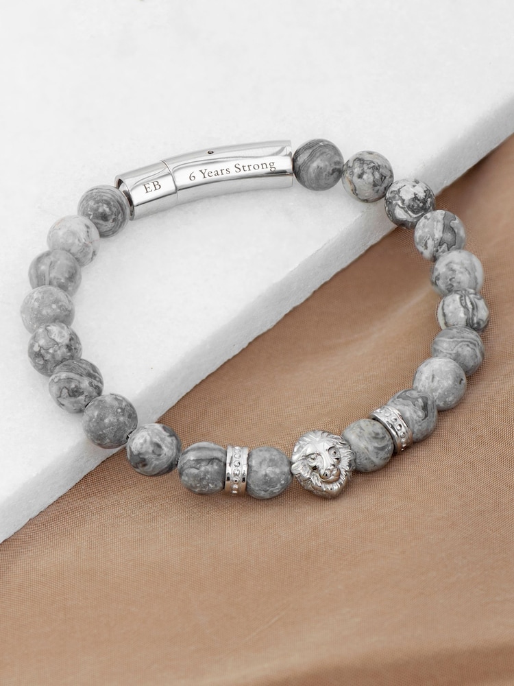Treat Republic Mens Personalised Lion Print Jasper Stone Bracelet - Image 1 of 5