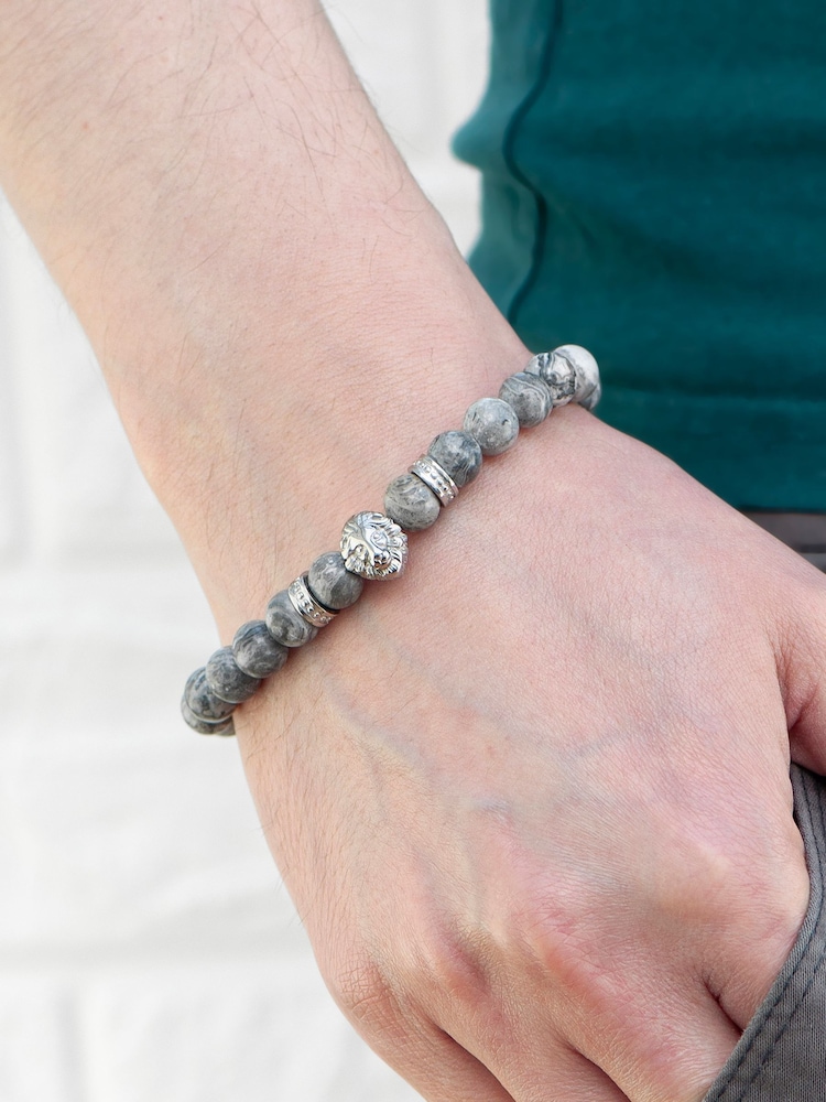 Treat Republic Mens Personalised Lion Print Jasper Stone Bracelet - Image 2 of 5