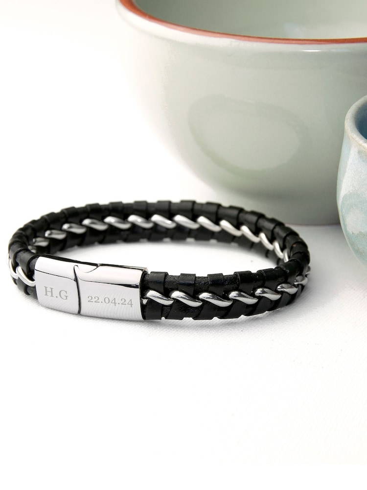 Treat Republic Mens Personalised Metal Detailed Leather Bracelet - Image 1 of 5