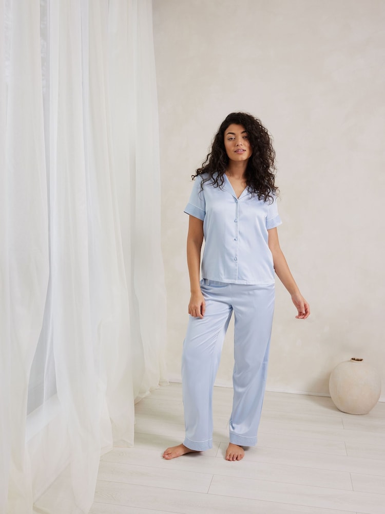 Chelsea Peers Satin Lace Trim Short Sleeve Long Pyjamas Set - صورة 1 من 5