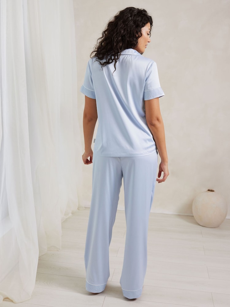 Chelsea Peers Light Blue Satin Lace Trim Short Sleeve Long Pyjama Set - Image 4 of 5