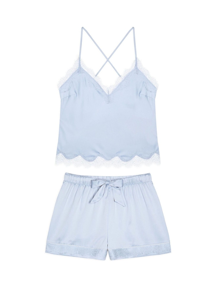 Chelsea Peers Blue Satin Lace Trim Cami Short Pyjama Set - Image 1 of 2