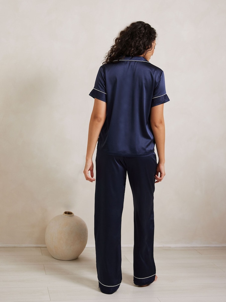 Chelsea Peers Blue Satin Lace Trim Short Sleeve Long Pyjama Set - Image 3 of 5