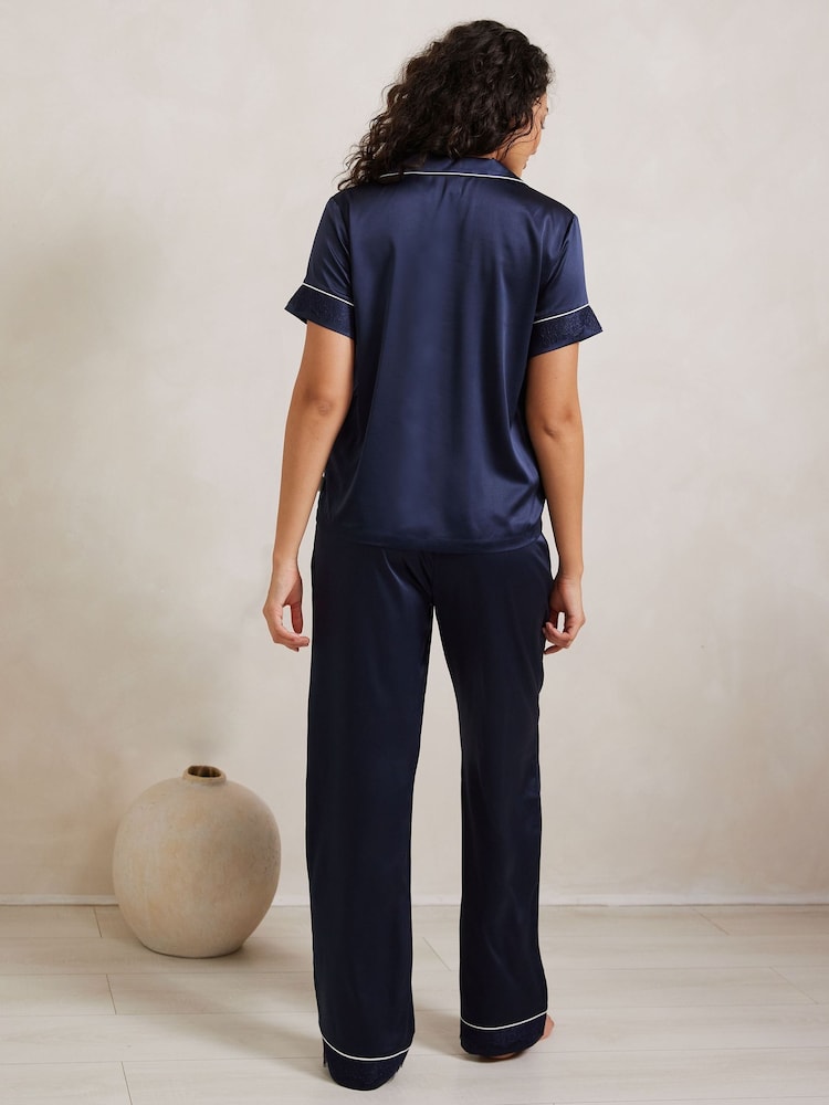 Chelsea Peers Blue Satin Lace Trim Short Sleeve Long Pyjama Set - Image 4 of 5