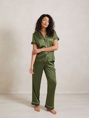 Chelsea Peers Green Satin Lace Trim Short Sleeve Long Pyjama Set - Image 1 of 5
