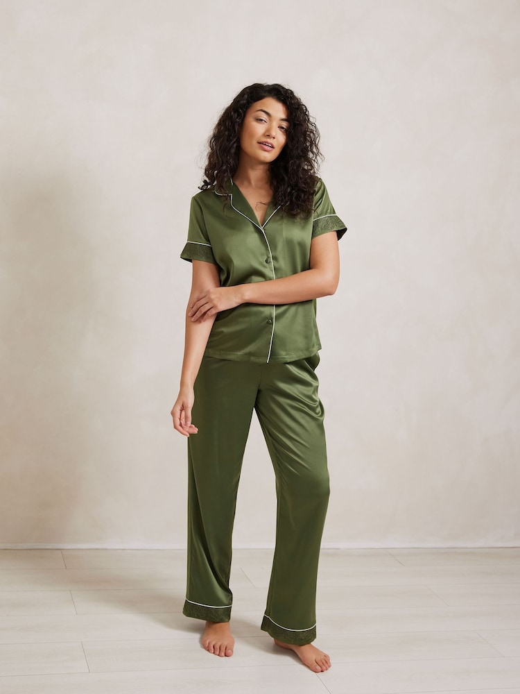Chelsea Peers Green Satin Lace Trim Short Sleeve Long Pyjama Set - Image 1 of 5