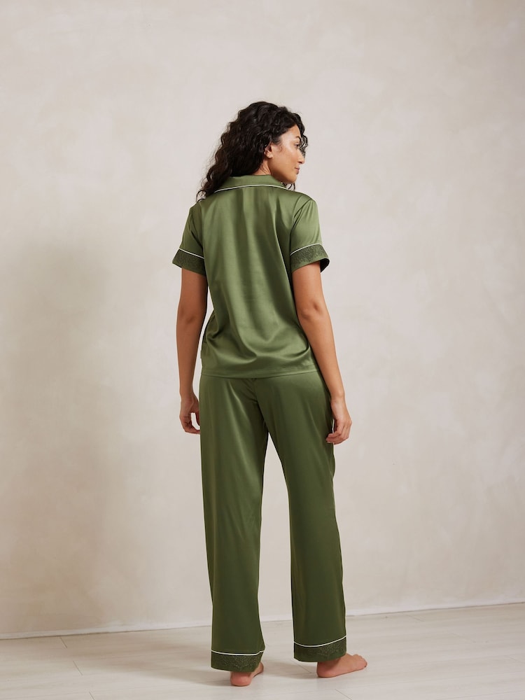 Chelsea Peers Green Satin Lace Trim Short Sleeve Long Pyjama Set - Image 2 of 5