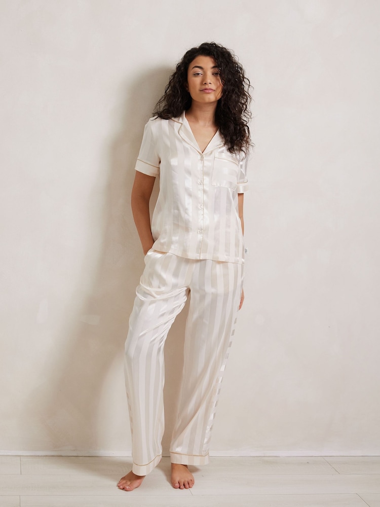 Chelsea Peers White Satin Jacquard Stripe Long Pyjama Set - Image 1 of 5