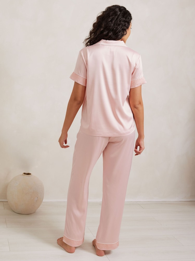 Chelsea Peers Pink Satin Lace Trim Short Sleeve Long Pyjama Set - Image 4 of 5