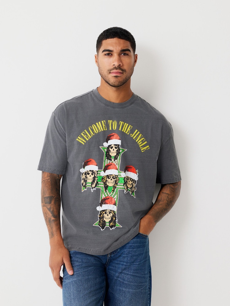Charcoal Grey Wash Guns N Roses Relaxed Fit Christmas Graphic Print T-Shirt - Image 1 of 7 Charcoal Grey Wash Guns N Roses Relaxed Fit Christmas Graphic Print T-Shirt - Image 1 of 7