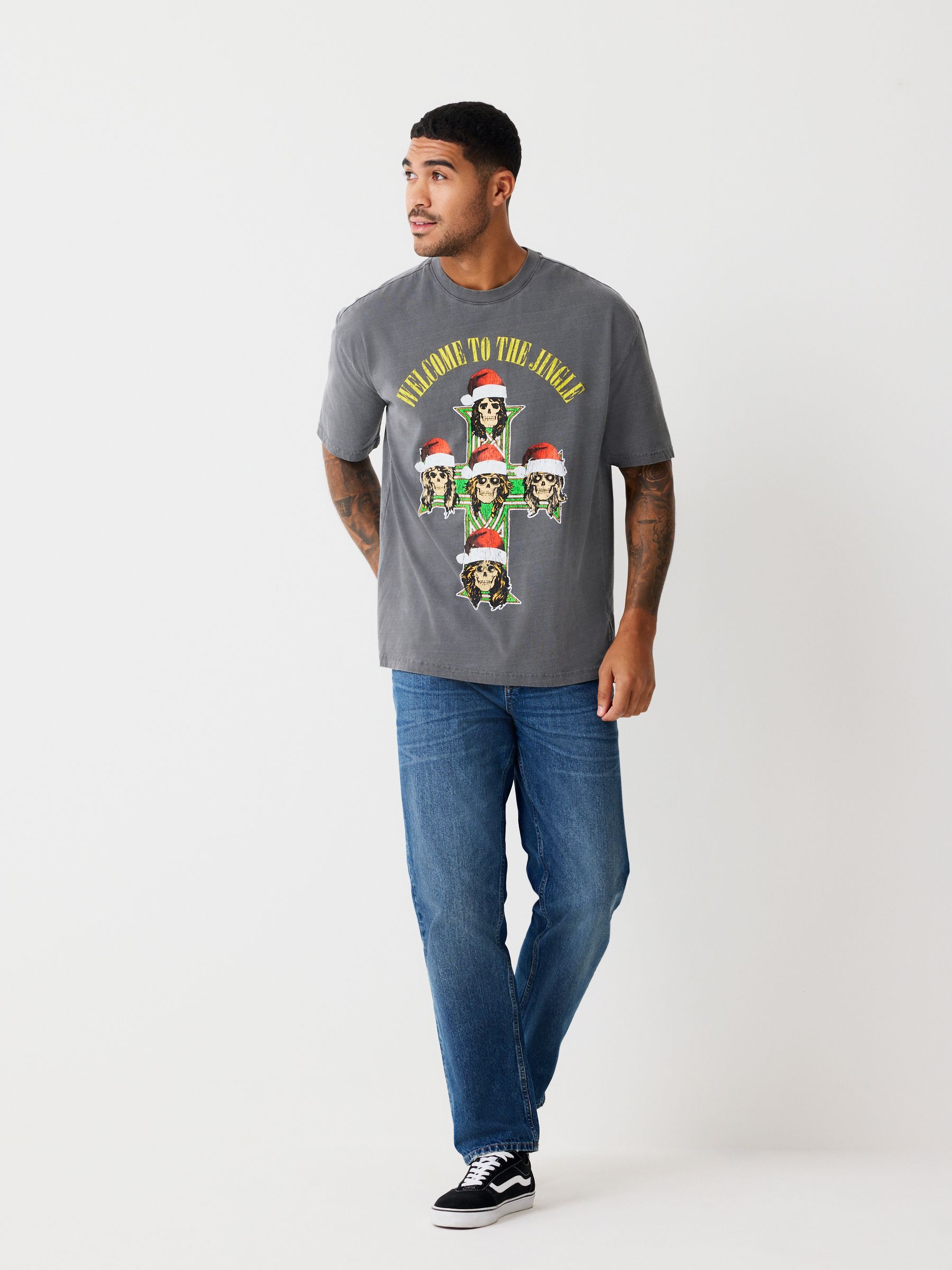 Buy Charcoal Grey Wash Guns N Roses Christmas Graphic Print T