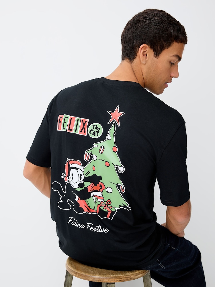 Black Felix the Cat Relaxed Fit Christmas Graphic Print T-Shirt - Image 1 of 10 Black Felix the Cat Relaxed Fit Christmas Graphic Print T-Shirt - Image 1 of 10