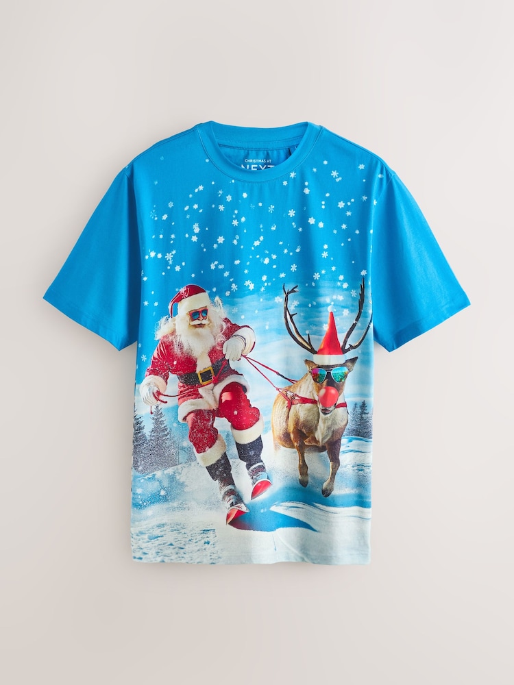 Blue Skiing Santa Regular Fit Christmas T-Shirt - Image 1 of 3