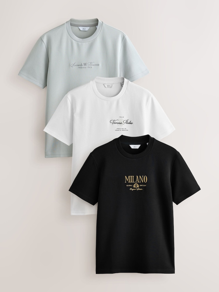 Black/White/Grey Embroidered Slim Fit Graphic Print T-Shirts 3 Pack - Image 1 of 9 Black/White/Grey Embroidered Slim Fit Graphic Print T-Shirts 3 Pack - Image 1 of 9