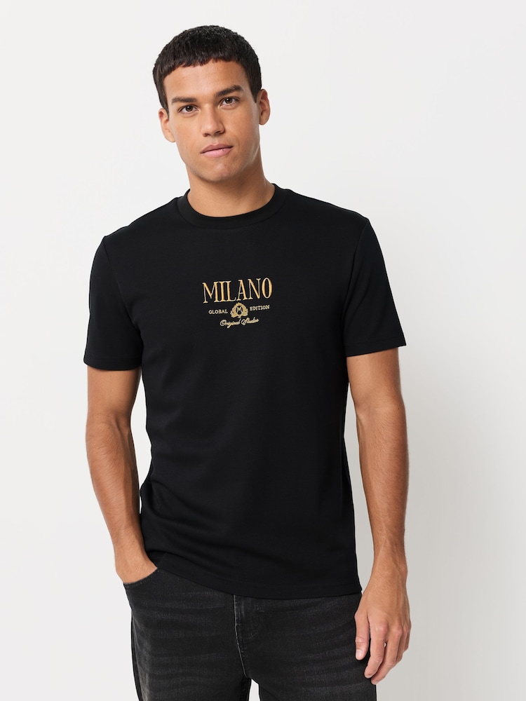 Black/White/Grey Embroidered Slim Fit Graphic Print T-Shirts 3 Pack - Image 2 of 9 Black/White/Grey Embroidered Slim Fit Graphic Print T-Shirts 3 Pack - Image 2 of 9