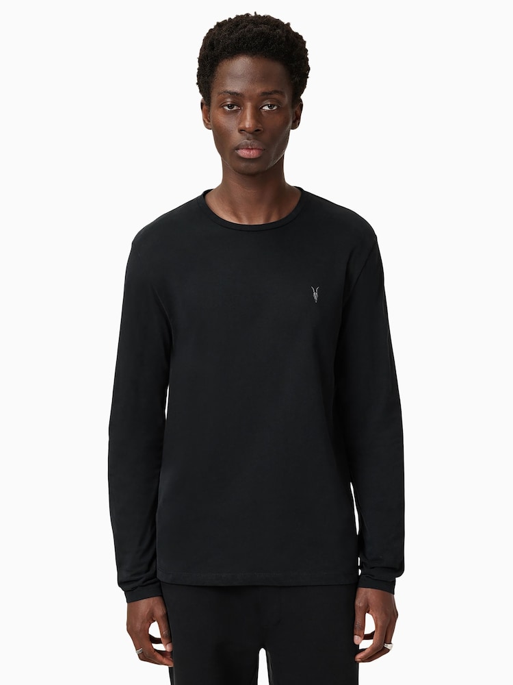 AllSaints Black Brace Long Sleeve Crew Neck 100% Organic Cotton T-Shirt - Image 1 of 6