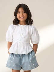 Angel & Rocket White Rochelle Denim Peplum Bow 100% Cotton Top - Image 1 of 7