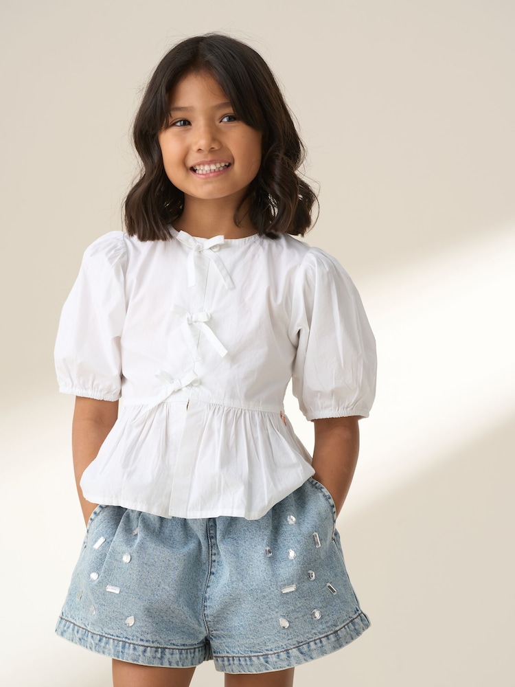 Angel & Rocket White Rochelle Denim Peplum Bow 100% Cotton Top - Image 1 of 7