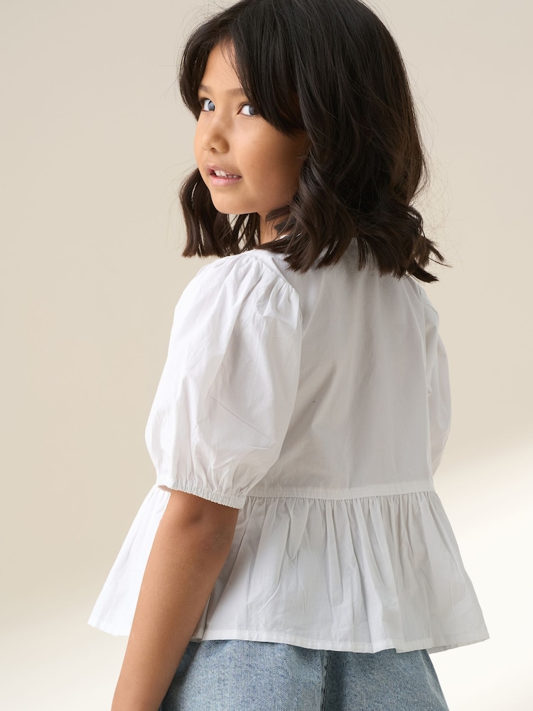 Angel & Rocket White Rochelle Denim Peplum Bow 100% Cotton Top - Image 2 of 7