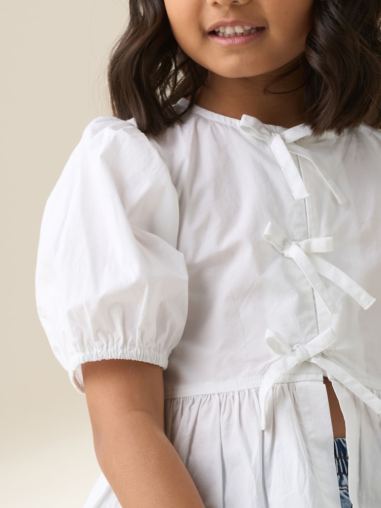 Angel & Rocket White Rochelle Denim Peplum Bow 100% Cotton Top - Image 3 of 7