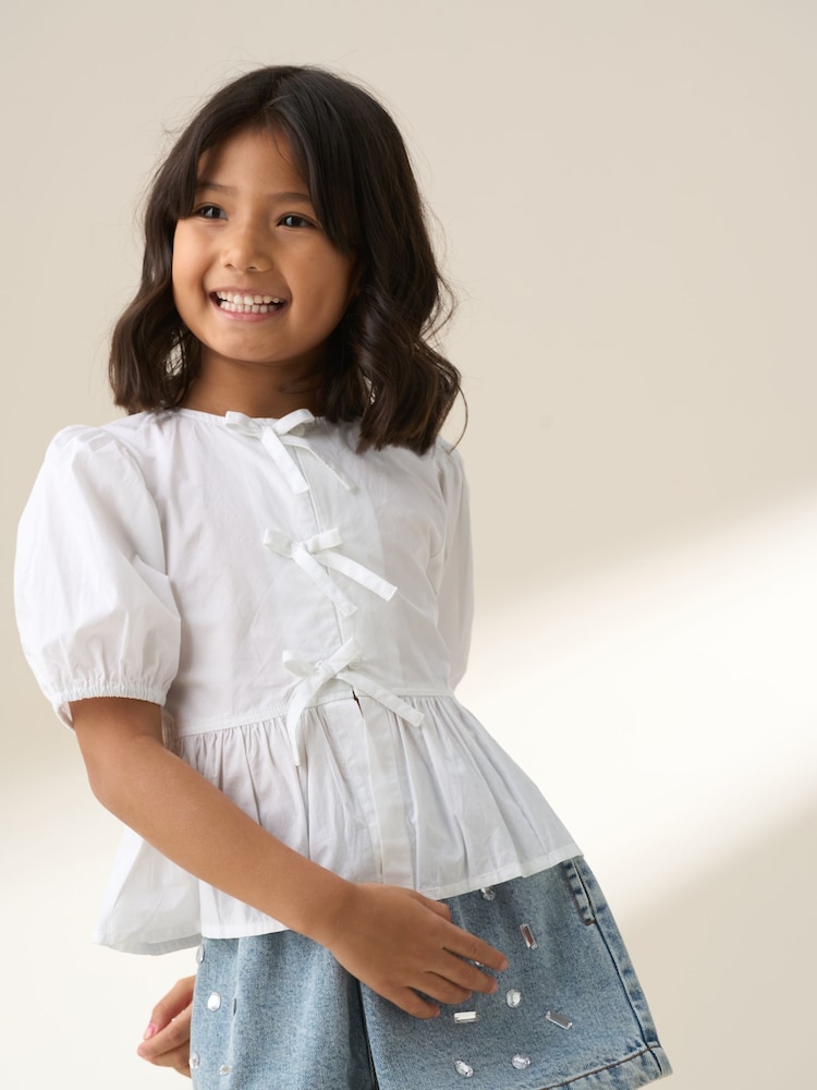 Angel & Rocket White Rochelle Denim Peplum Bow 100% Cotton Top - Image 4 of 7
