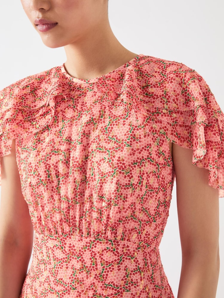 LK Bennett Pink Billie Multi Silk Blend Blossom Print Dress With Silk Metal Base - Image 4 of 4