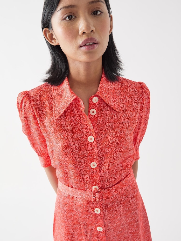 LK Bennett Red Petite Valerie Viscose Swirl Print Viscose Crepe Shirt Dress - Image 3 of 3