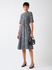 LK Bennett Blue Suzie Cotton Blend Tweed Button Through Dress - Image 1 of 3