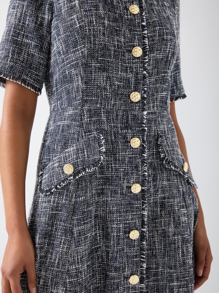 LK Bennett Blue Suzie Cotton Blend Tweed Button Through Dress - Image 3 of 3