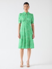LK Bennett Green Esme Jelly Bean & Birch Viscose Ikat Spot Print Fit & Flare Collared Dress - Image 1 of 3