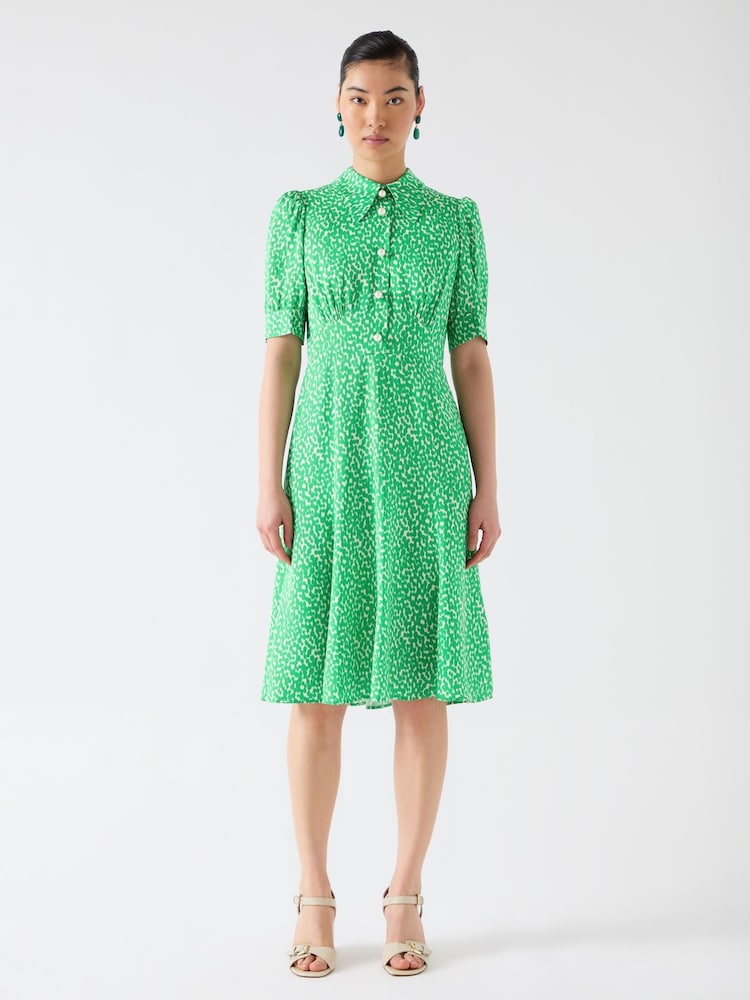 LK Bennett Esme Jelly Bean & Birch Viscose Ikat Spot Print Fit & Flare Collared Dress - Imagen 1 de 3 LK Bennett Esme Jelly Bean & Birch Viscose Ikat Spot Print Fit & Flare Collared Dress - Imagen 1 de 3